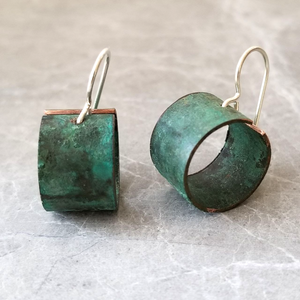 Copper cylinder earrings with Sterling Silver earwires. Rich green patina