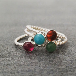 5mm gemstone stacked rings. Twisted silver wire.
